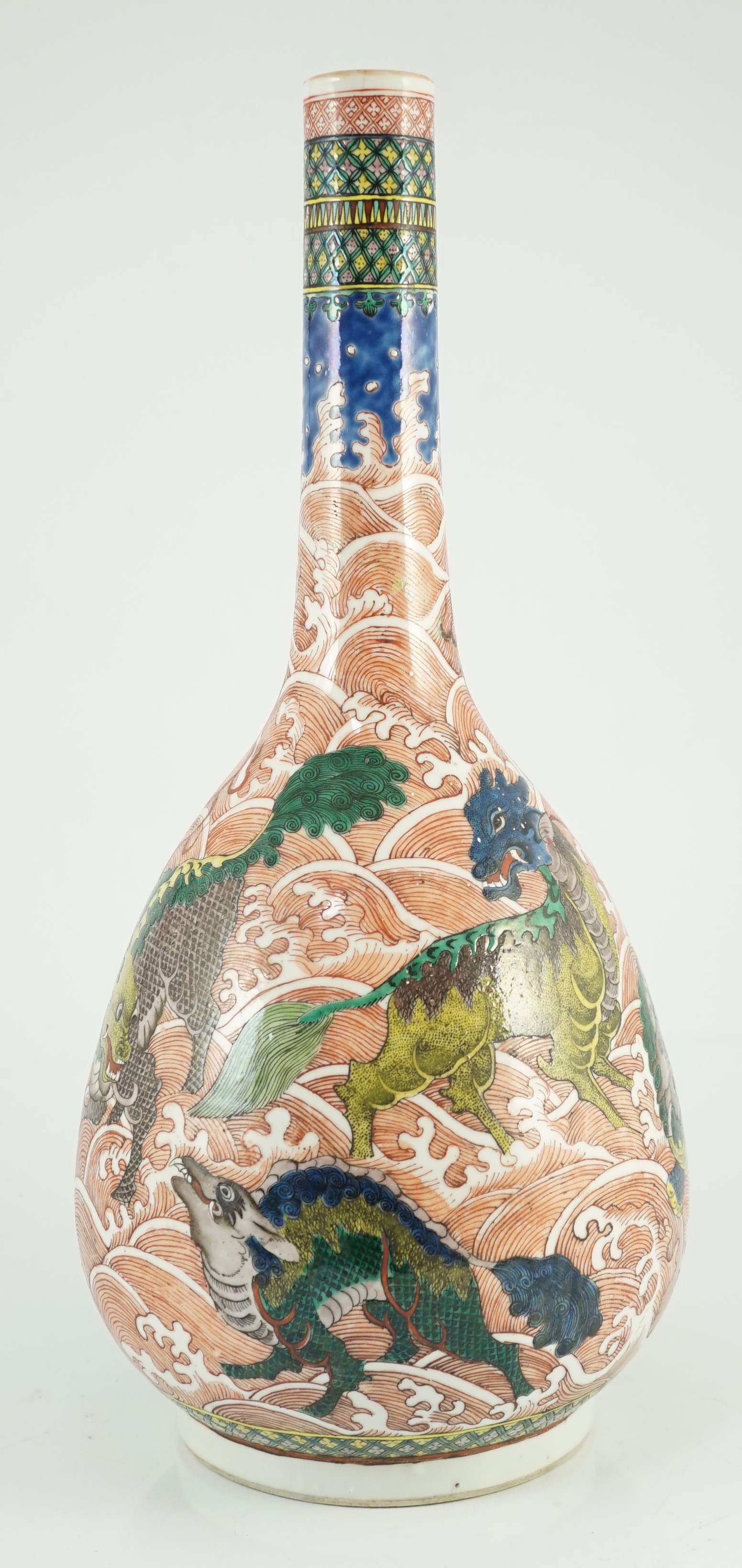 A Chinese famille verte ‘mythical creatures’ bottle vase, 19th century, 46cm high, section of neck broken and reglued